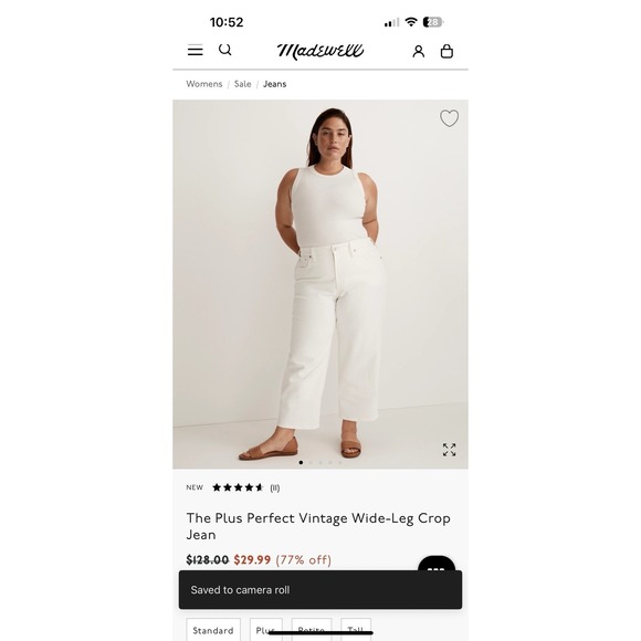 Madewell The Plus Perfect Vintage Wide Leg Cropped Jean Tile White‎ Sz 20W NJ406 - Picture 2 of 15